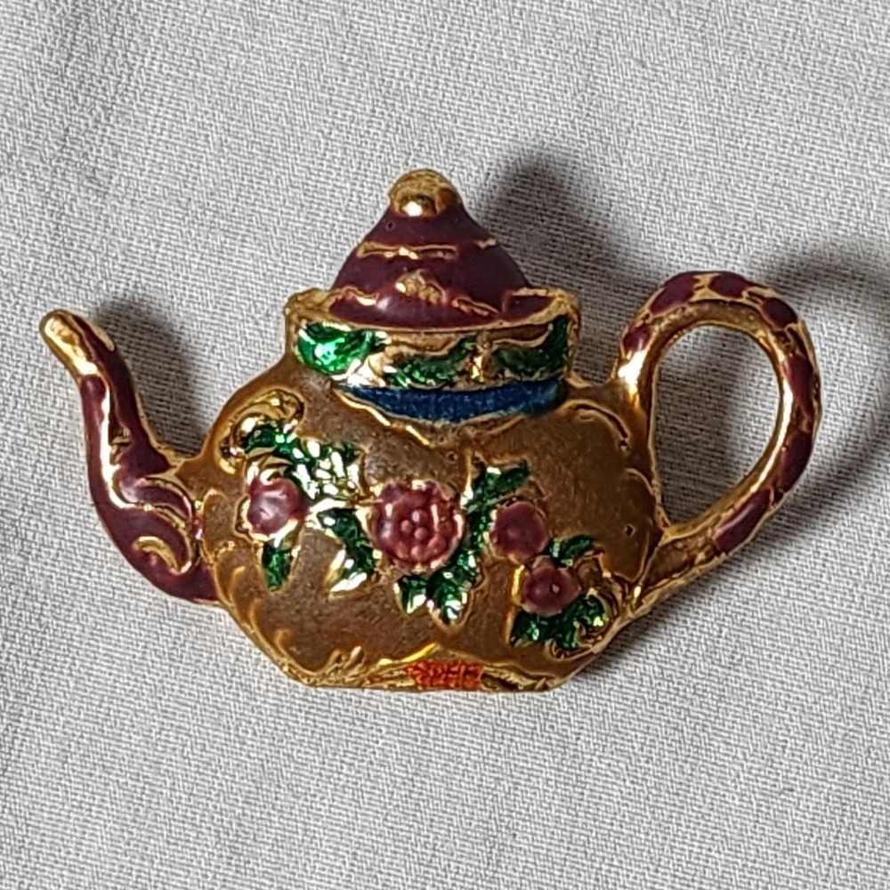 Teapot brooch Vintage multicolor Floral Gold Toned Purple and Green Unbranded